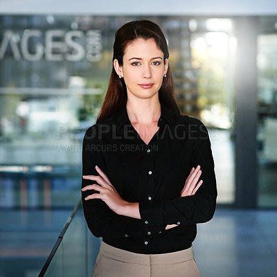Buy stock photo Business, woman and confident portrait in office for internship at corporate company for administrative work or tasks for developing skills. Female intern, professional and proud for future career.