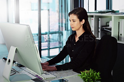 Buy stock photo Office, businesswoman and typing on computer for connectivity, internet and creativity or info. Journalism, female person or journalist with laptop in workplace, writing email and online with tech