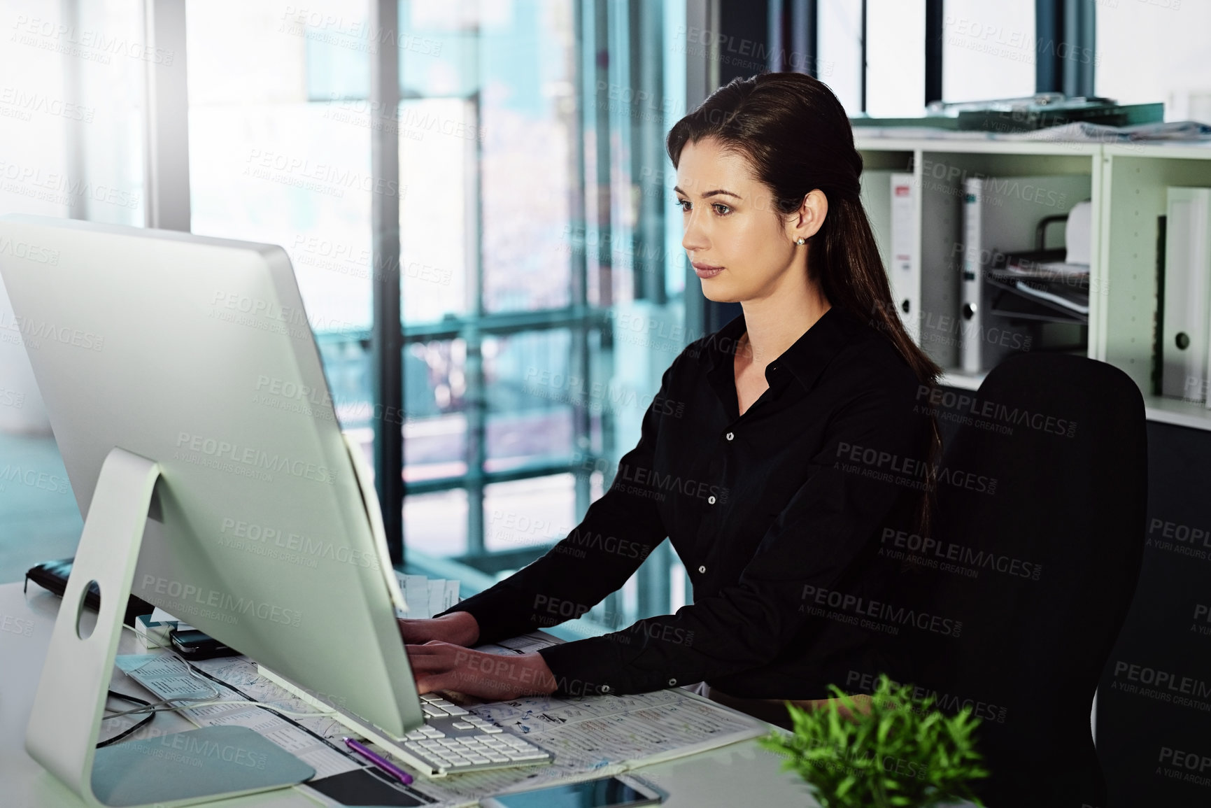 Buy stock photo Office, businesswoman and typing on computer for connectivity, internet and creativity or info. Journalism, female person or journalist with laptop in workplace, writing email and online with tech