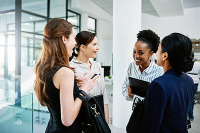 Buy stock photo Business people, planning and speaking together in lobby, teamwork and women for conversation. Employees, office and talking on company growth, communication and support or collaboration on idea