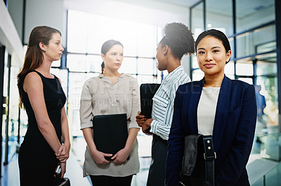Buy stock photo Woman, portrait and leader in office lobby, employee and confident for startup agency. Business people, management pride and mentor smile for plan, professional and teamwork or support ideas