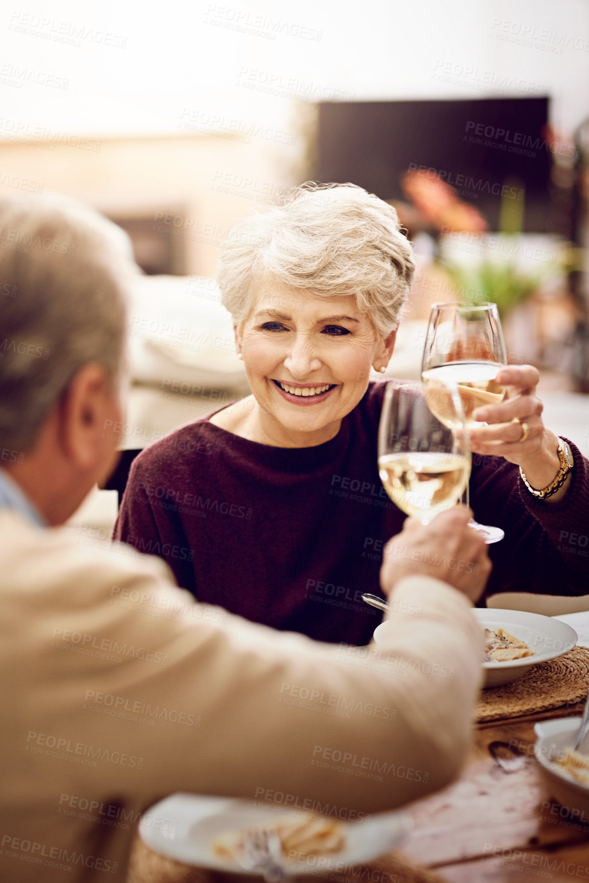 Buy stock photo Shot of an elderly couple toasting with wine glasses while they enjoy a meal at home