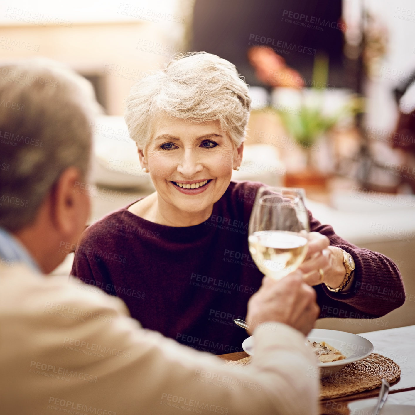 Buy stock photo Shot of an elderly couple toasting with wine glasses while they enjoy a meal at home