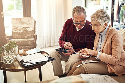 Buy stock photo Finance, accounting and budget with an old couple in a home for debt, retirement or pension planning. Insurance, money or investment with a senior man and woman in their house for financial strategy