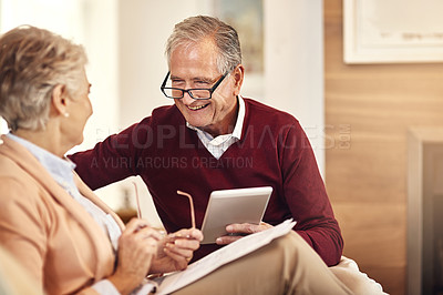 Buy stock photo Finance, insurance and tablet with an old couple in their home for retirement or pension planning. Accounting, money or investment with a senior man and woman in their house for financial budget