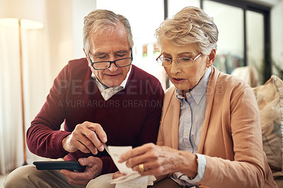Buy stock photo Financial, investment and budget with an old couple in their home for retirement or pension planning. Debt bills, money or insurance with a senior man and woman in their house for finance strategy