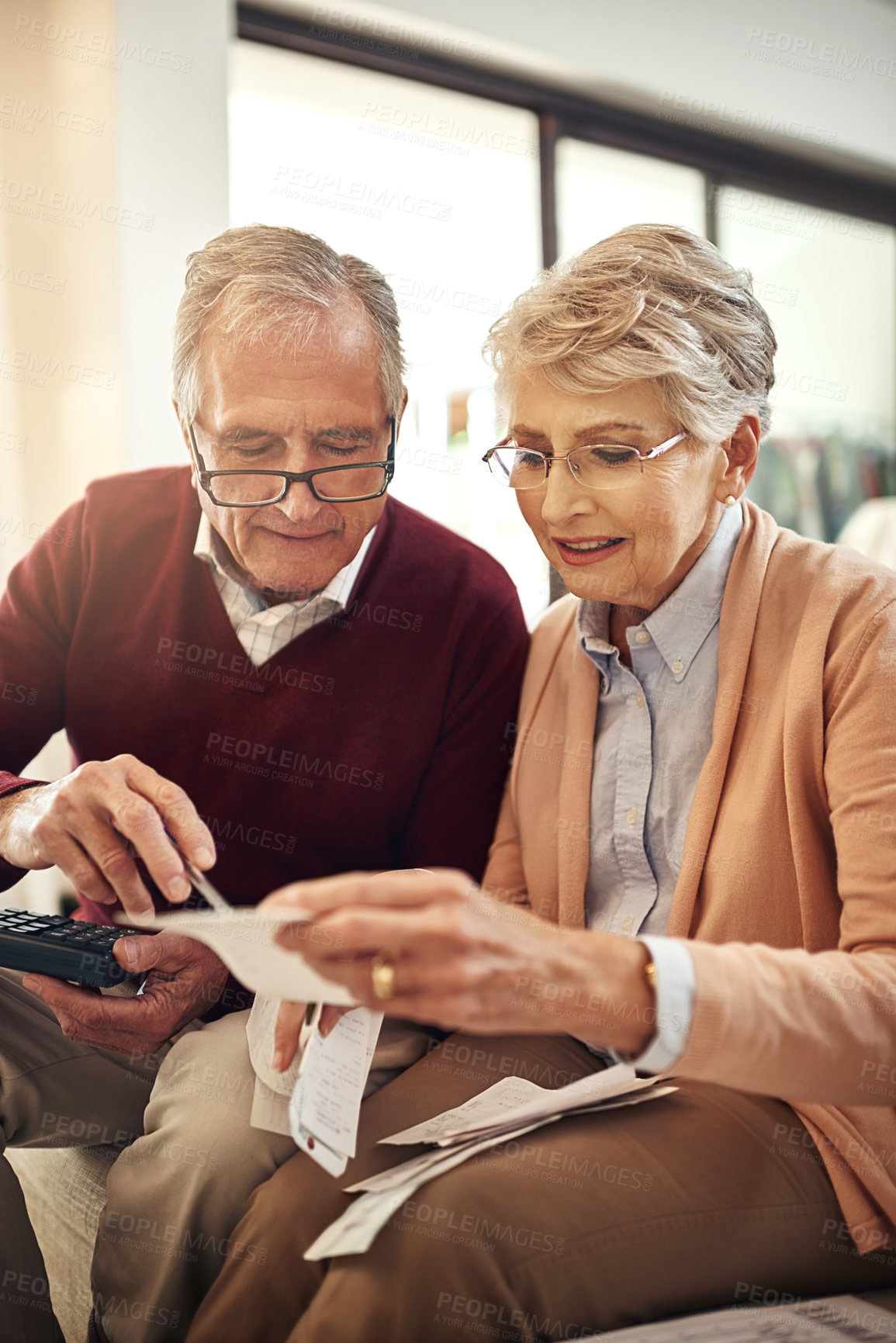 Buy stock photo Senior couple, finance and bills in budget check for expenses, receipts or calculating costs at home. Elderly man and woman in financial discussion, accounting or investment plan, payment or savings