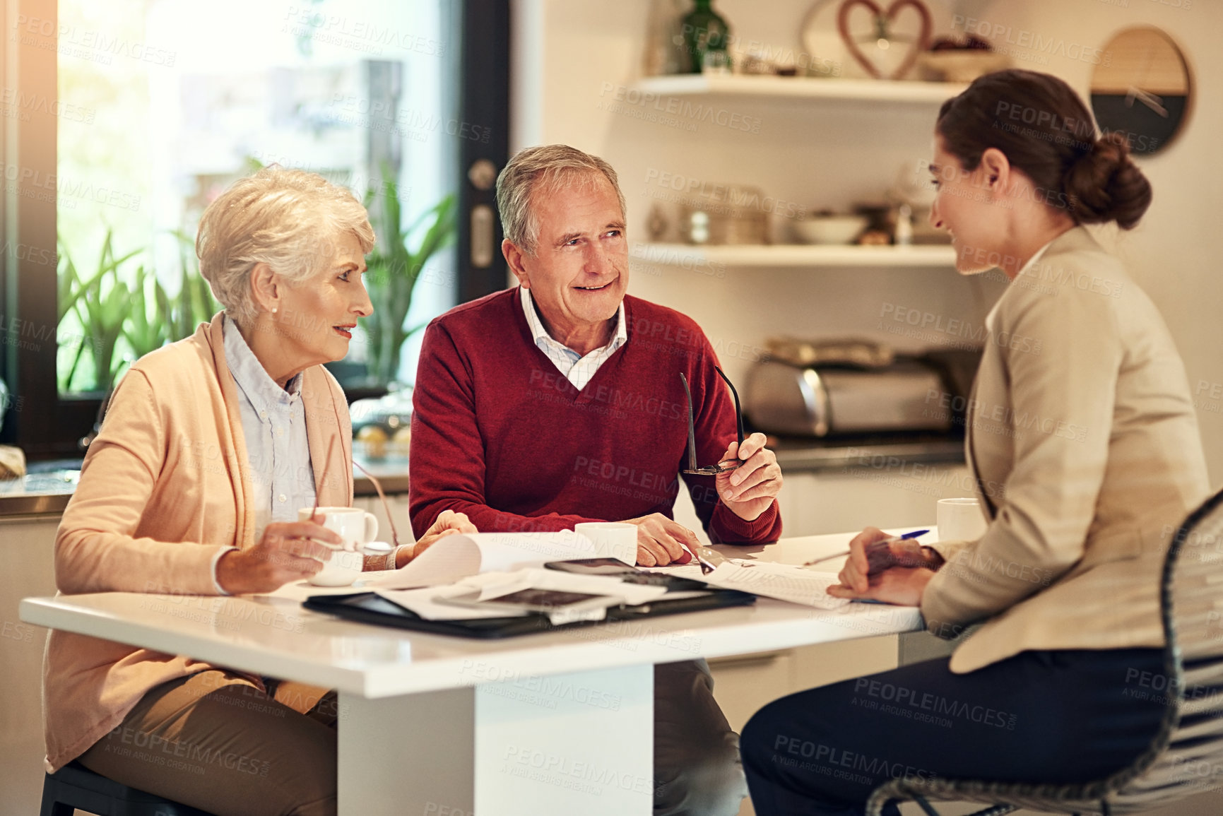 Buy stock photo Senior couple, financial advisor and documents for retirement plan, budget or expenses and bills at home. Elderly man and woman in finance discussion with consultant or lawyer for paperwork or loan