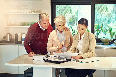 Buy stock photo Senior couple, accountant and paperwork for finance budget, discussion or consultation at home. Elderly man and woman with consultant or lawyer for financial planning, savings investment or documents