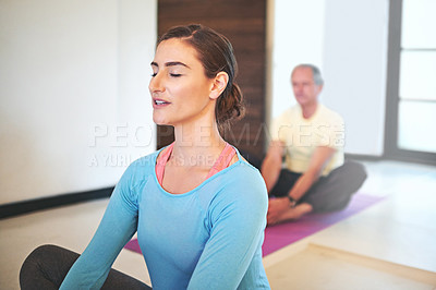 Buy stock photo Cropped shot of a yoga instructor guiding a senior man in a yoga class