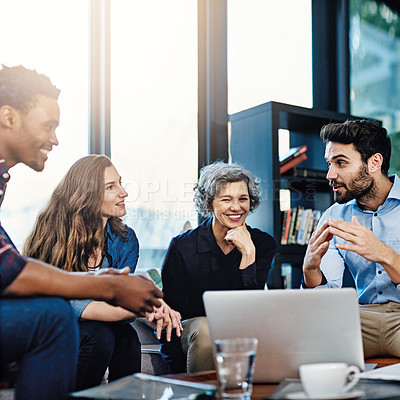 Buy stock photo Laptop, diversity and designer team planning a strategy for startup company growth in collaboration together. Internet, Business meeting and group of employees brainstorming as a workforce due to web