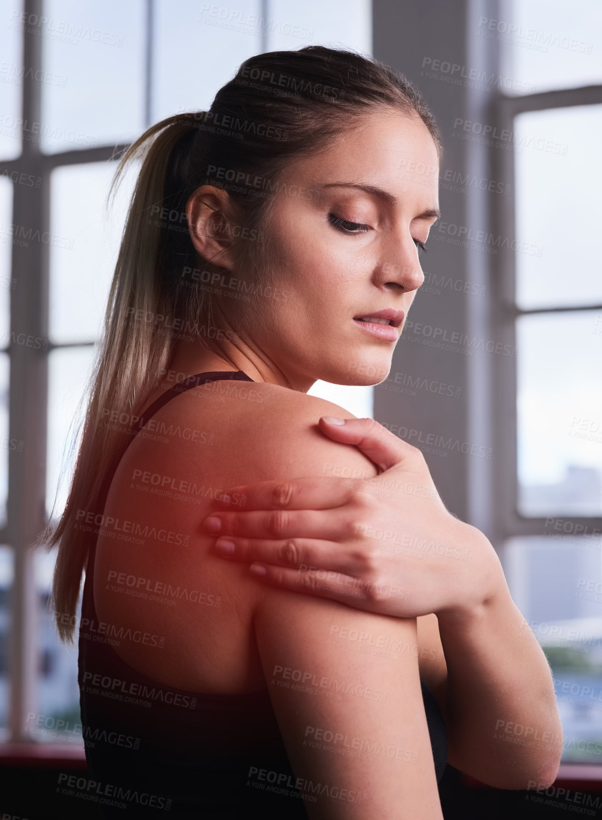 Buy stock photo Fitness, hand and shoulder pain with sports woman in gym for workout accident, emergency or mistake. Anatomy, exercise and arm injury with serious athlete in health club for improvement or training