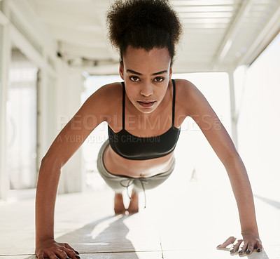 Buy stock photo Portrait, black woman and push up for fitness in outdoor for workout or training with energy for health or wellness. Active, female person and physical or exercise for strength or cardio with goals
