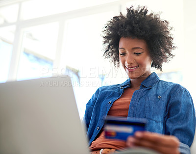 Buy stock photo Credit card, laptop and online shopping with afro black woman in home for payment or purchase. Ecommerce, face and smile with happy customer person in apartment for banking, buying or transaction