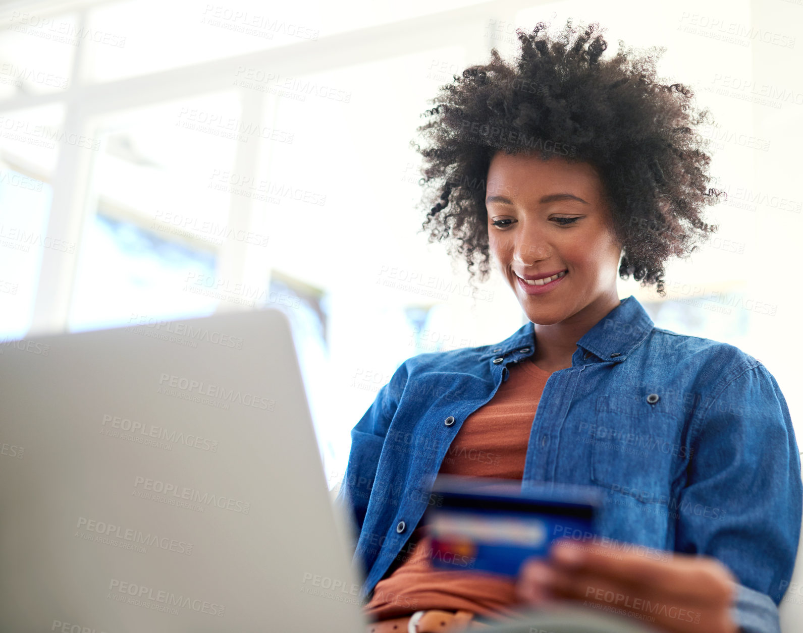 Buy stock photo Credit card, laptop and online shopping with afro black woman in home for payment or purchase. Ecommerce, face and smile with happy customer person in apartment for banking, buying or transaction