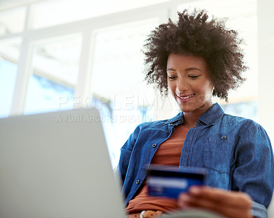 Buy stock photo Black woman, happy and credit card with laptop in home for online shopping, bill payments and subscription services sale. Girl, technology and website for ecommerce membership, investment and banking