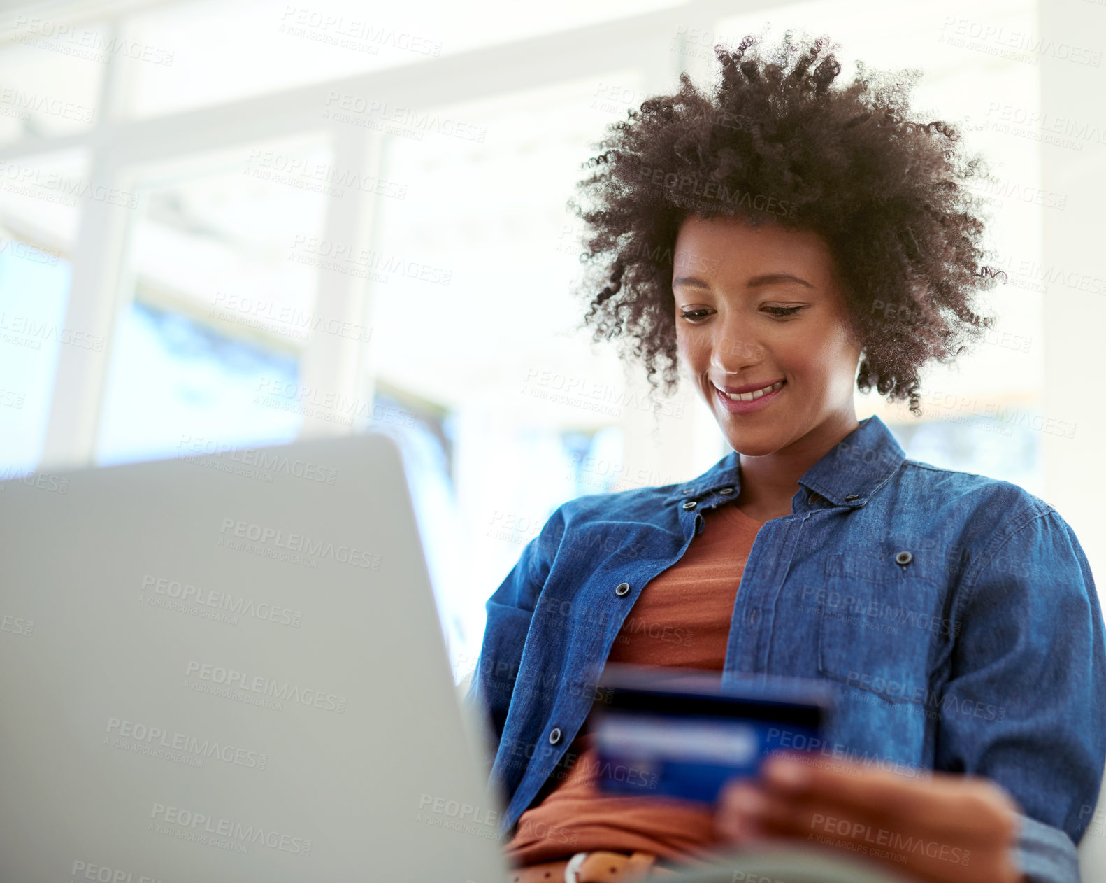 Buy stock photo Black woman, happy and credit card with laptop in home for online shopping, bill payments and subscription services sale. Girl, technology and website for ecommerce membership, investment and banking