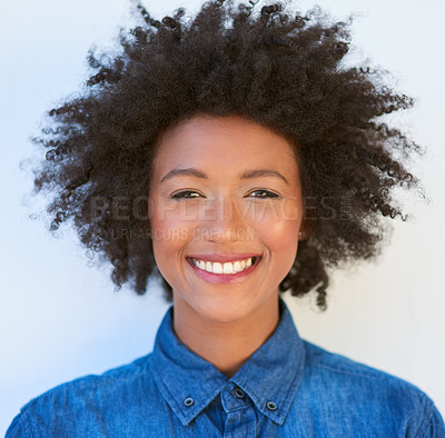 Buy stock photo Woman, portrait and afro with smile in studio on white background with confidence, hair care or healthy. Female person, model and face for wellness skincare with makeup cosmetics, relax or happiness