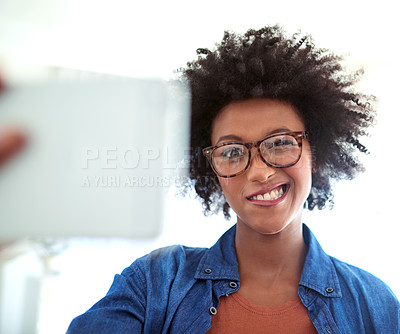 Buy stock photo Portrait, woman and selfie with glasses in home for social media, profile picture and funny expression. Female person, phone and crazy face for goofy photo with eyewear, comedy post and comic online