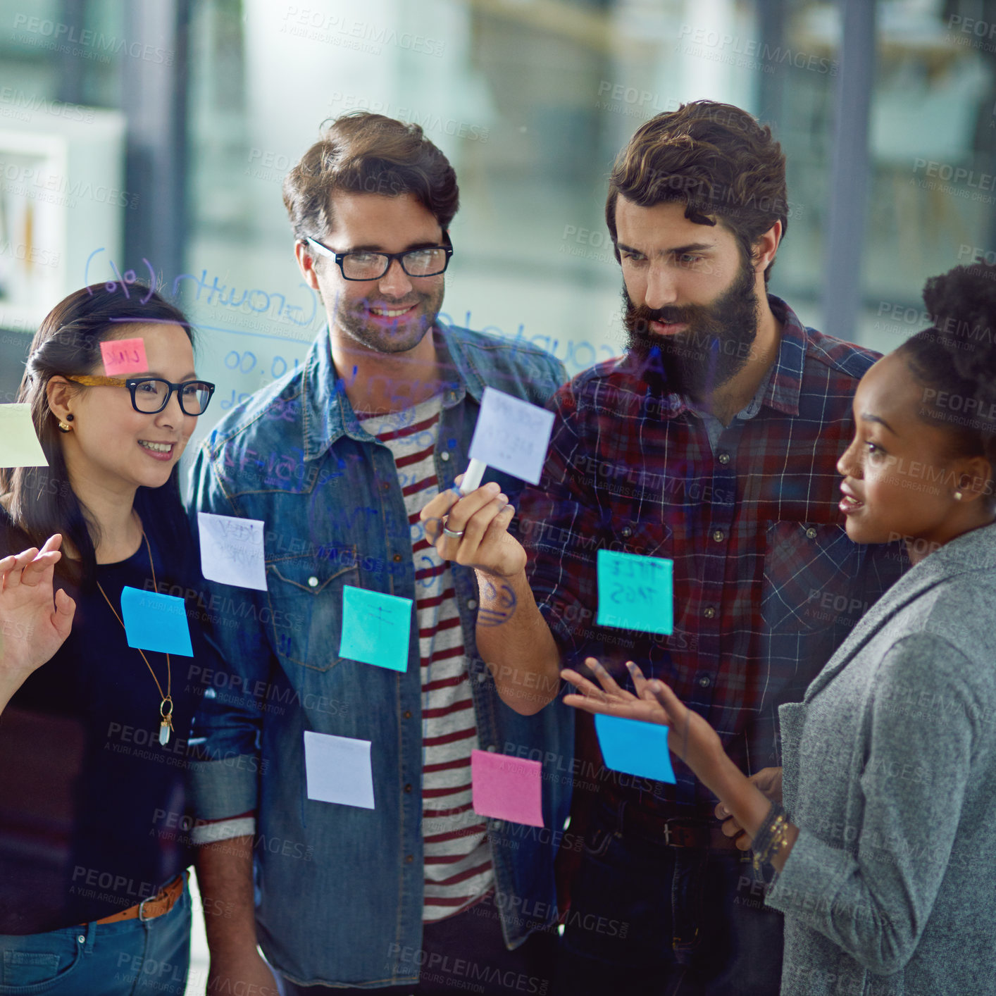 Buy stock photo Sticky notes, board and business people with teamwork in office for planning or brainstorming. Collaboration, diversity and group of copywriters work on research for creative project with discussion.