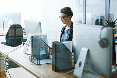 Buy stock photo Woman, working and computer or serious in office, business analyst and corporate worker with online statistics report. Technology, internet research and professional, information results and employee
