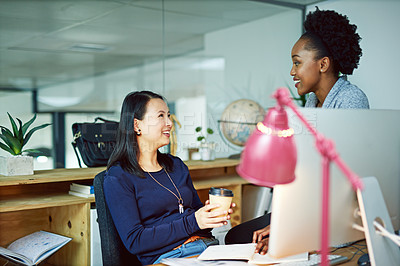 Buy stock photo Business, woman and coworkers in office with computer, professional feedback and online project discussion. Technology, brainstorming and happy for company development, employees and teamwork
