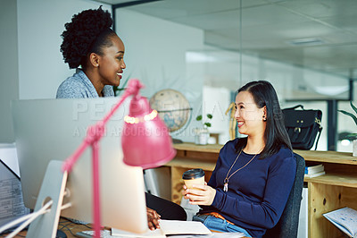 Buy stock photo Business, woman and teamwork in office with computer, professional feedback and online project discussion. Technology, brainstorming and happy for company development, employees and coworker