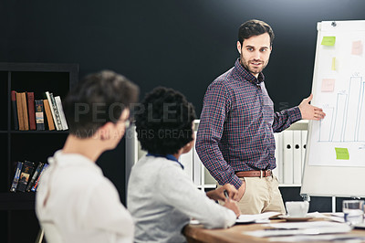 Buy stock photo Businessman, presentation and meeting in office for teamwork, project and collaboration. Discussion, data and analysis in workplace with group for planning, training and brainstorming idea with chart