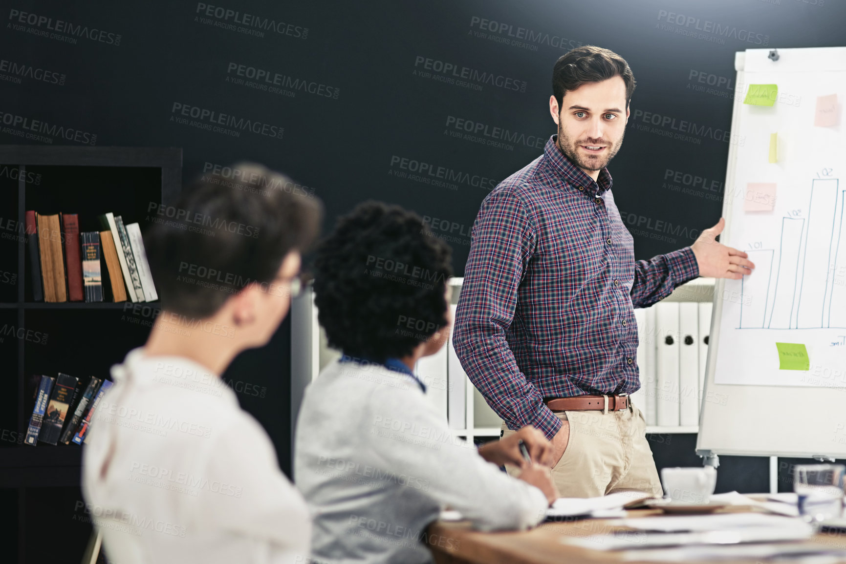 Buy stock photo Businessman, presentation and meeting in office for teamwork, project and collaboration. Discussion, data and analysis in workplace with group for planning, training and brainstorming idea with chart