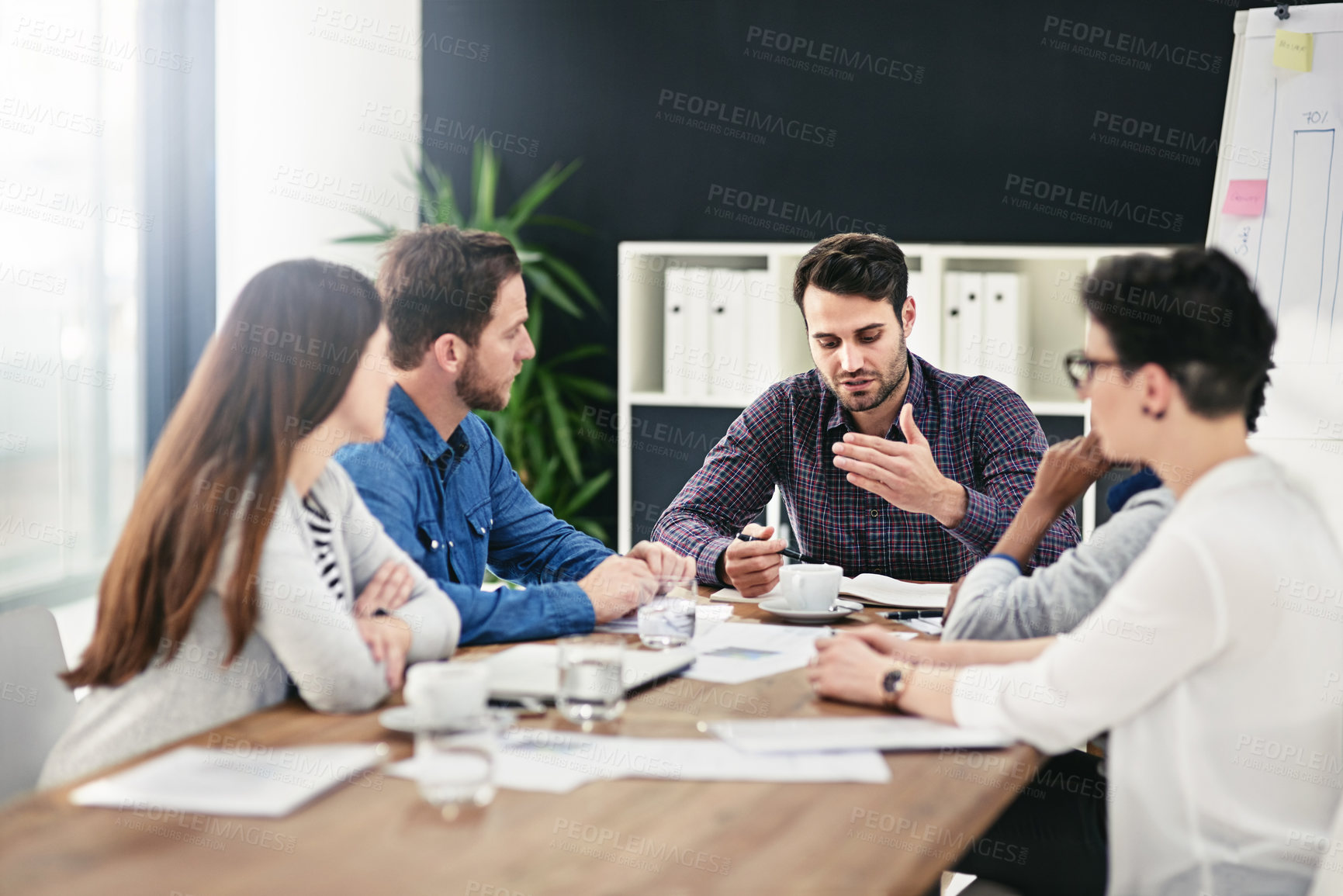 Buy stock photo Business, people and boardroom meeting or discussion, project plan and idea strategy or proposal conversation. Workplace, professional and teamwork or start up vision, collaboration and report