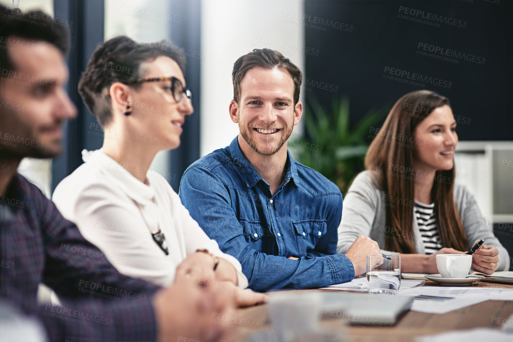 Buy stock photo Office, boardroom and businessman in portrait for meeting, workshop and presentation of startup project. Corporate team, conference and employees for training, work ideas and hr staff with plans
