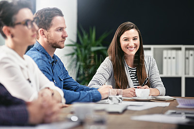 Buy stock photo Office, boardroom and business woman in portrait for meeting, workshop and presentation of startup project. Corporate team, conference and employees for training, work ideas and hr staff listening