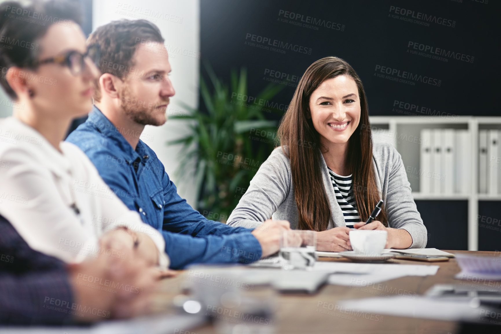 Buy stock photo Office, boardroom and business woman in portrait for meeting, workshop and presentation of startup project. Corporate team, conference and employees for training, work ideas and hr staff listening