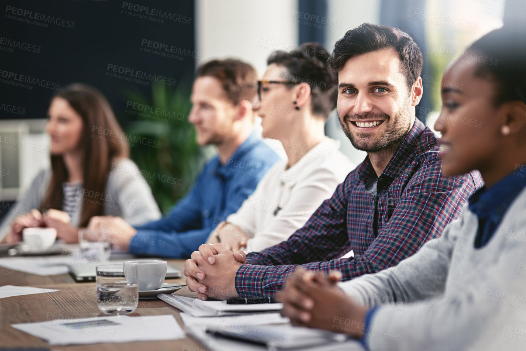 Buy stock photo Office, boardroom and man in portrait for meeting, workshop and presentation of startup project. Corporate team, conference and business people for training, work ideas and hr staff with plans