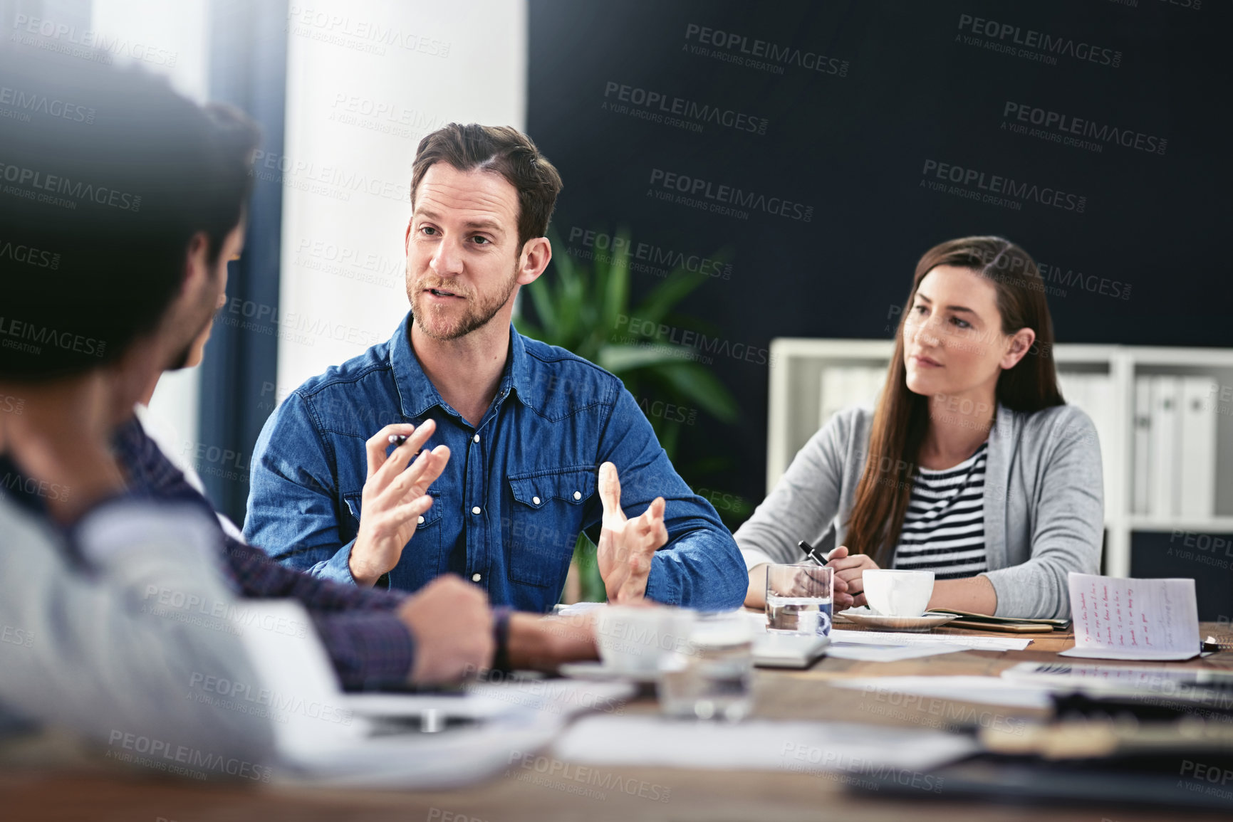 Buy stock photo Business people, discussion and meeting in office for teamwork, project collaboration and communication. Conversation, group or colleagues in boardroom together for planning, ideas and brainstorming