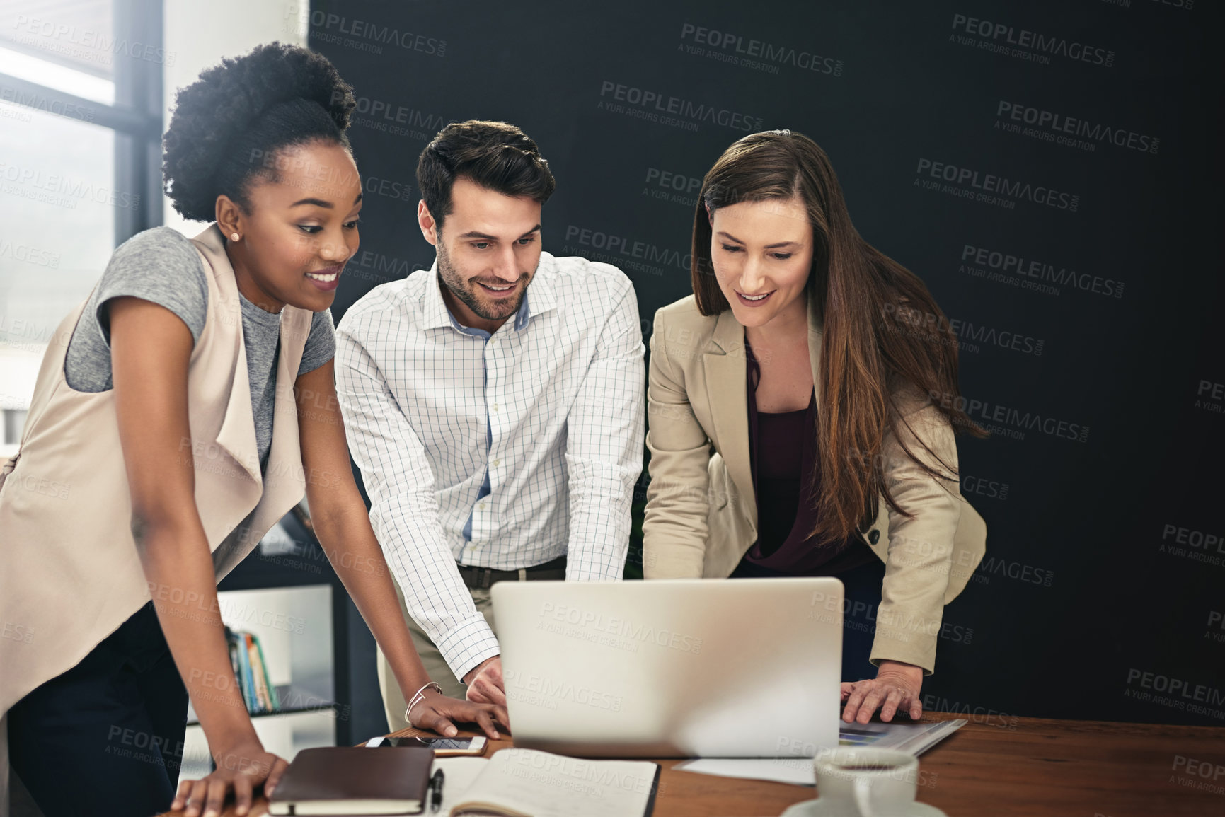 Buy stock photo Business, people and woman on laptop in office, meeting and typing for discussion on research, ideas and planning with training. Female manager, networking and collaboration for project with support