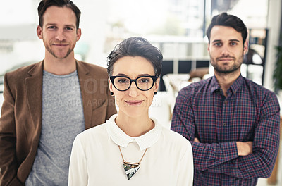 Buy stock photo Portrait, collaboration and leadership with a business woman and her team standing in the office together. Management, leader or teamwork with a group of businesspeople looking confident about vision