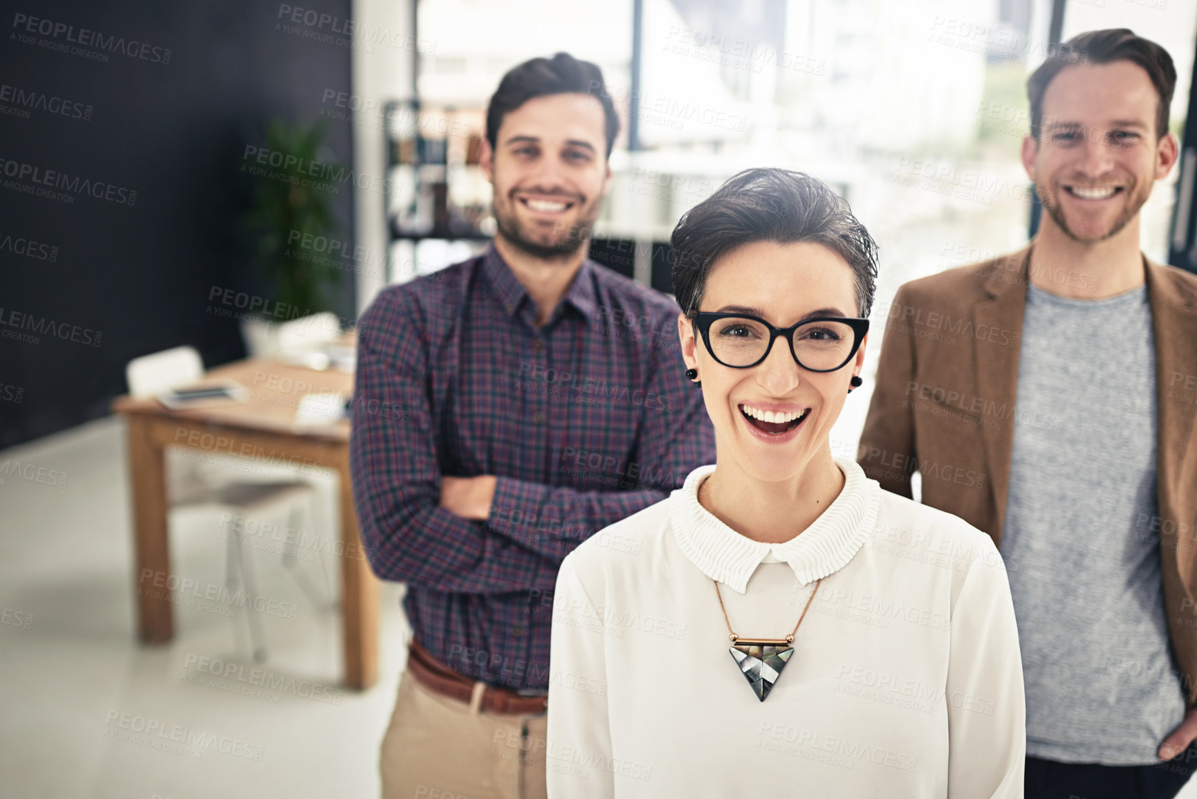 Buy stock photo Portrait, teamwork and leadership with a business woman and her team standing in the office together. Management, leader and collaboration with a group of businesspeople looking confident about work