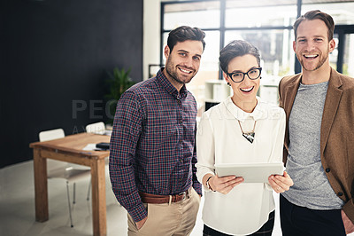 Buy stock photo Portrait of businesspeople using a digital tablet