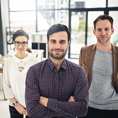 Buy stock photo Portrait, teamwork and leadership with a business man and his team standing in the office together. Management, leader and collaboration with a group of businesspeople looking confident about work