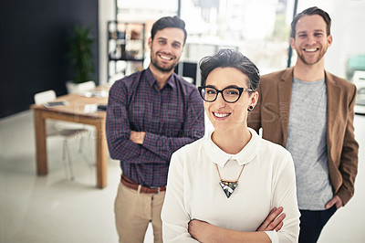 Buy stock photo Portrait of a businesswoman with her team standing behind her