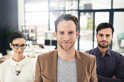 Buy stock photo Portrait, collaboration and leadership with a business man and his team standing in the office together. Management, leader and teamwork with a group of businesspeople looking confident about work
