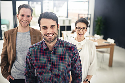 Buy stock photo Portrait, collaboration and management with a business man and his team standing in the office together. Leadership, manager and teamwork with a group of businesspeople looking confident about work