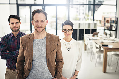 Buy stock photo Portrait, teamwork and management with a business man and his team standing in the office together. Leadership, manager and collaboration with a group of businesspeople looking confident about work