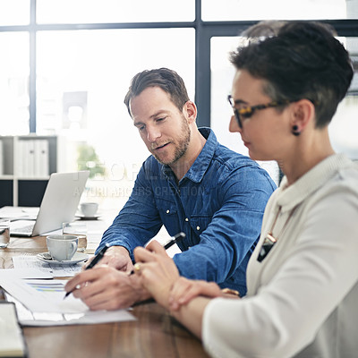 Buy stock photo Business woman, office and mentor, planning and discussion of colleagues happy for finance report together. Employees, feedback and training with paper, collaboration and communication for work