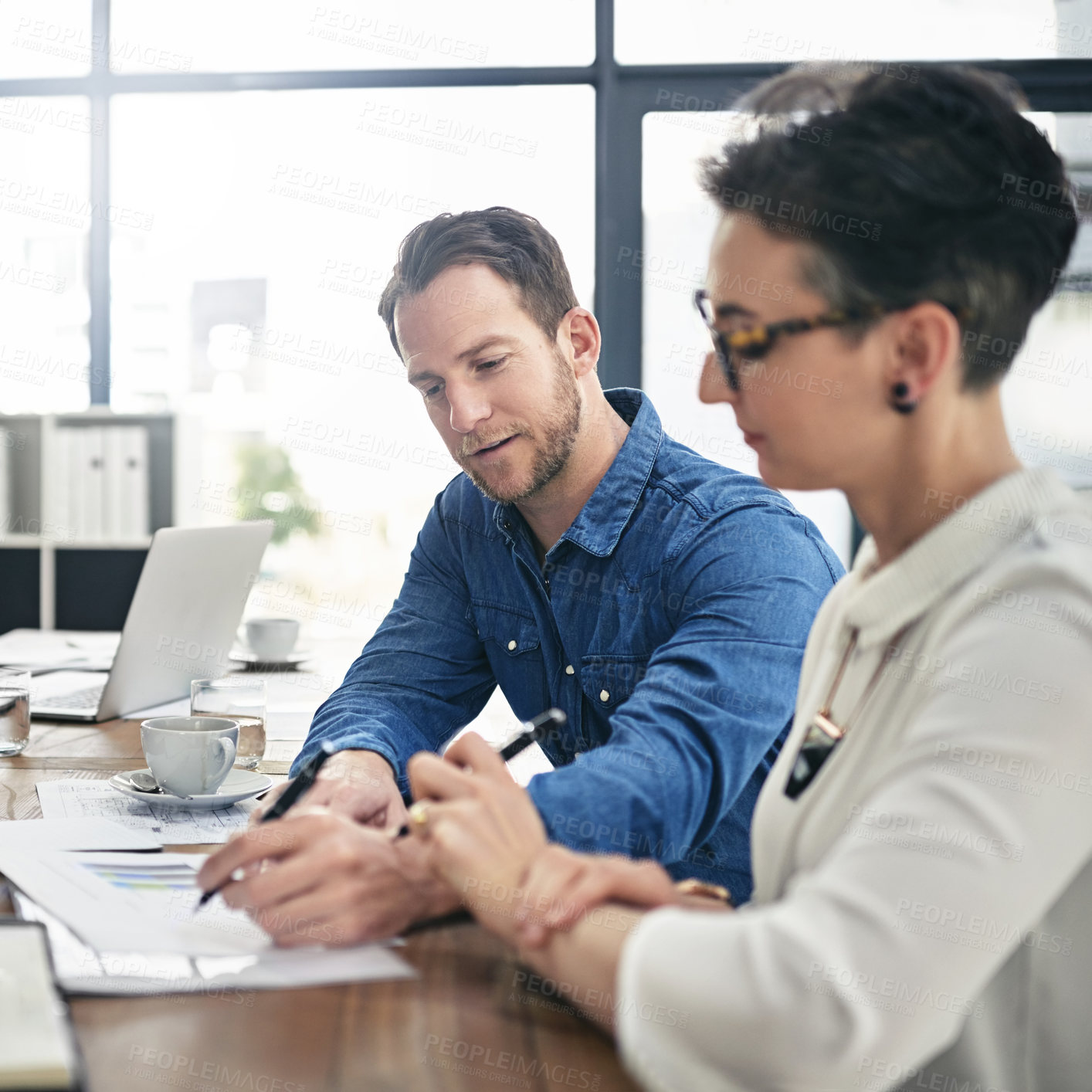 Buy stock photo Business woman, office and mentor, planning and discussion of colleagues happy for finance report together. Employees, feedback and training with paper, collaboration and communication for work