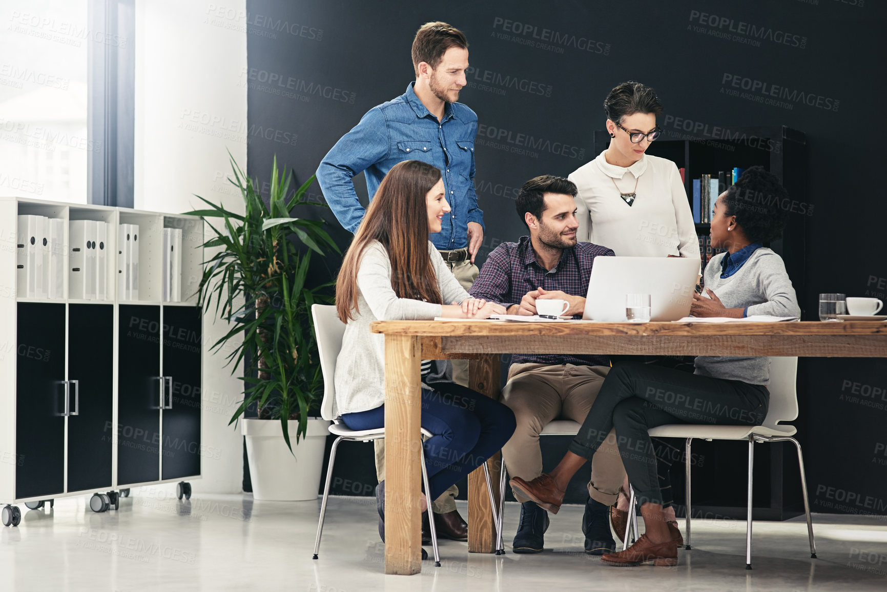 Buy stock photo Meeting, discussion and partnership with people in company boardroom, strategy and planning on table. Collaboration, feedback and agenda for group of employees at work, teamwork and brainstorming