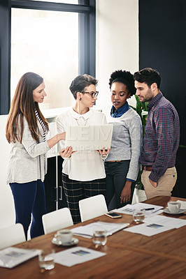 Buy stock photo Business people, laptop and meeting in office for teamwork, project collaboration and communication. Technology, group or colleagues in boardroom together for planning, ideas and brainstorming