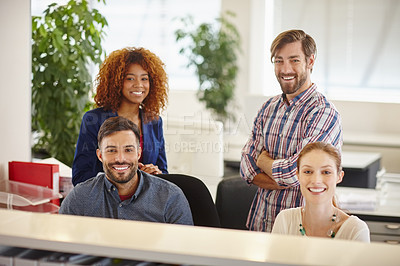 Buy stock photo Portrait of a group of colleagues working together in an office