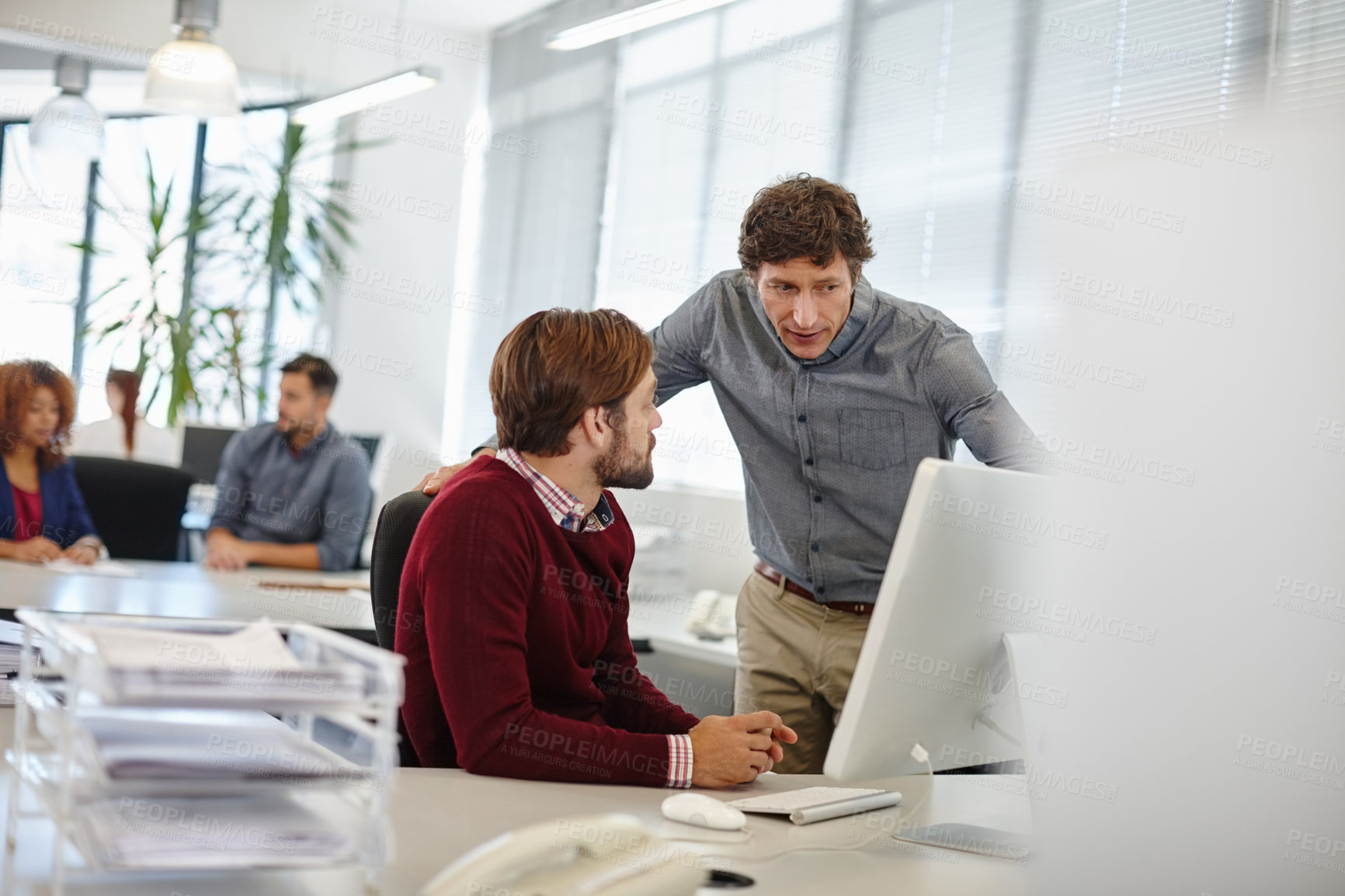 Buy stock photo Computer, team and discussion with business people in office for creative campaign, research and planning. Branding partnership, social media marketing and online review with employees in agency